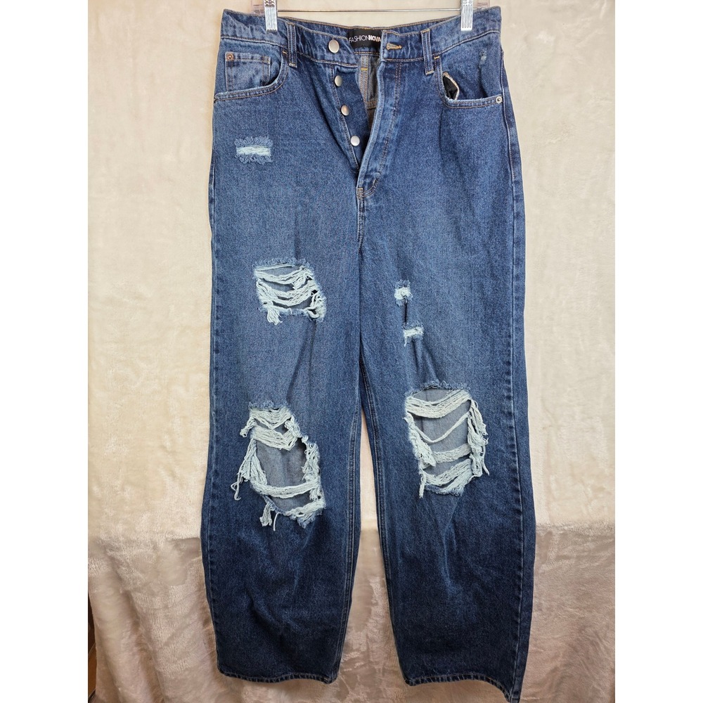 Fashion Nova Distressed High Rise Wide Leg Jeans Medium Wash Blue AB18244BDKD 11